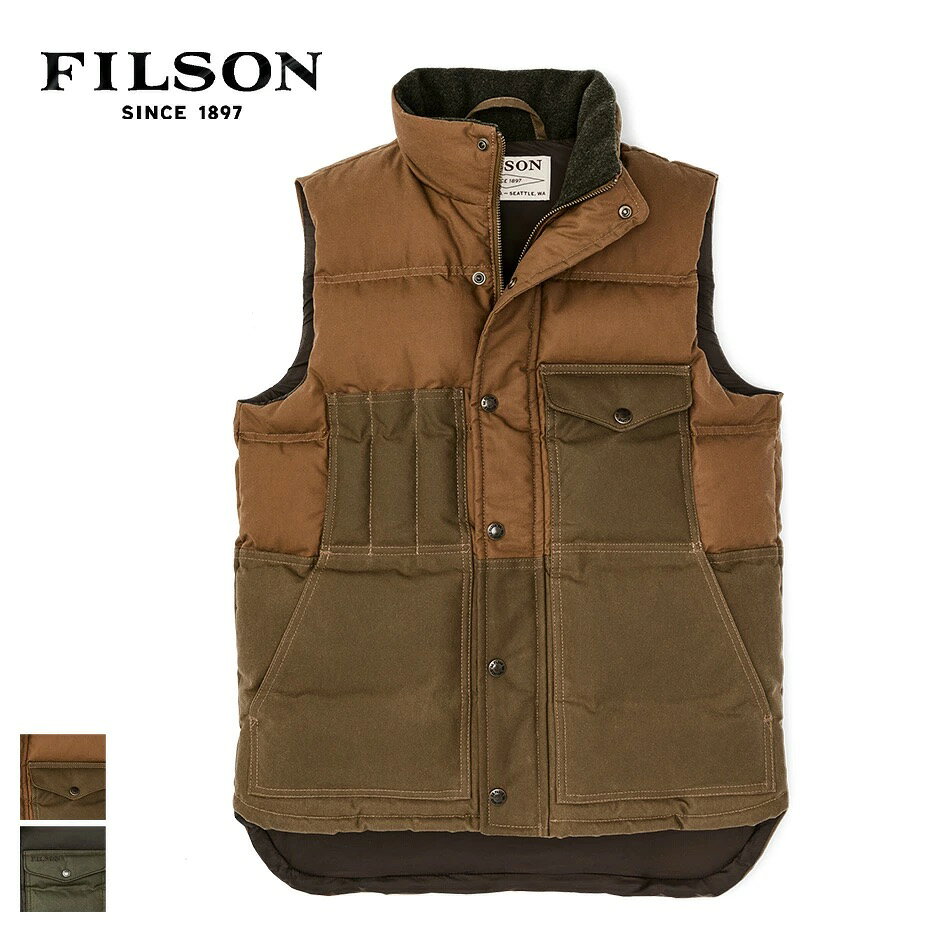 FILSON（フィルソン） DOWN CRUISER VEST / ダウンクルーザーベスト 品番：F1420070978-1 フィルソンの伝統的なワックスコットンと、 650フィルパワーの高品質グースダウンを融合したダウンクルーザーベスト。 軽量ながら体の芯をしっかりと温める保温力を備え、 一枚での着用はもちろん、ジャケットのインナーとしても活躍する万能レイヤーです。 オイル仕上げを施したコットン生地は優れた耐水性を発揮し、 内部のダウンをドライに保つことで、本来の断熱性能を最大限に引き出します。 襟元にはメリノウールのトリミングを採用し、 冷気の侵入を防ぎながら快適な肌触りを実現。 アクティブなシーンでも動きやすく、通気性にも優れた設計です。 英国ブリティッシュ・ミレレイン社製のワックスコットンを使用した、 長年愛用できるフィルソンらしい一着です。 【特長】 ・オイル仕上げワックスコットンによる高い耐水性 ・650フィルパワーの軽量グースダウンを使用 ・襟元にメリノウールトリミング ・スナップ付きストームフラップ＋ジップフロント ・サイドポケット×2、胸ポケット×2（スナップ付き／スロット式） ・内側セキュリティポケット搭載 【おすすめポイント】 ・体幹を効率よく温める理想的なベスト設計 ・ワックスコットンがダウンをドライに保ち保温力を維持 ・街着からアウトドアまで幅広く対応 ・軽量で動きやすく長時間着用しても快適 ・重ね着しやすく季節を問わず活躍 ・経年変化を楽しめるフィルソン伝統素材 【素材】 ・8oz コットン オイルフィニッシュ カバークロス ・11oz コットン オイルフィニッシュ シェルタークロス ・650フィルパワー グースダウン ・ナイロンリップストップライニング ・コットンフランネル ・メリノウール 【カラー】 ベージュ ダークグリーン 【お手入れ方法】 洗濯不可 湿らせた布またはブラシで汚れを除去してください。 耐水性維持のため、必要に応じてワックスの再塗布を推奨します。 #FILSON #フィルソン #ダウンクルーザーベスト #ダウンベスト #ワックスコットン #オイルフィニッシュ #保温 #撥水 #レイヤード #アウトドア #経年変化 -Filson- フィルソンは1897年、ワシントン州シアトルでゴールドラッシュに挑むための”アウトドア・クロージング・メーカー”として設立されました。金の採掘という、衣類にとっては劣悪きわまりない環境で酷使されるために、最上の天然素材と一切の妥協のない設計・縫製でウェアの生産を開始しました。やがてアラスカや北西部で働く男たちにとって、FILSONのマークは信頼と同義語であるとまで言われるようになりました。 ※メーカー希望小売価格はメーカーカタログに基づいて掲載しています。