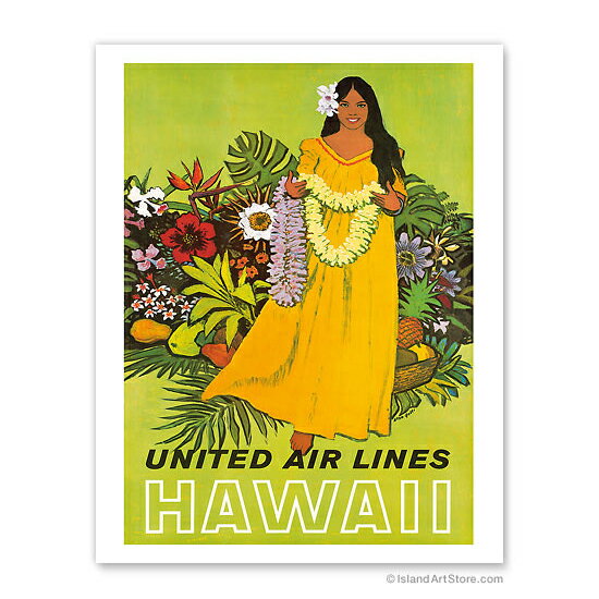 【ハワイアン アートプリント】ビーチ・海・山・植物・景色・風景United Air Lines, Hawaii - The Lei Offering（ザ レイ オファーリング）（Stan Galli）＜ユナイテッド航空ポスター＞ハワイアン インテリア・アート・絵画・アーティスト