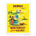 【ハワイアン アートプリント】ビーチ 海 山 植物 景色 風景Northwest Orient Airlines, Hawaiiフラダンサー カメハメハ大王 アウトリガーカヌー＜ノースウエスト航空ポスター＞ハワイアン インテリア アート 絵画 アーティスト