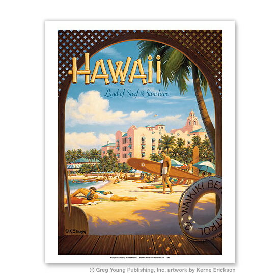 ビーチ・海・山・植物・景色・風景Hawaii, Land of Surf & Sunshine - Waikiki Beach - The Royal Hawaiian Hotel (Pink Palace of the Pacific)（Kerne Erickson）ハワイアン インテリア・アート・絵画・アーティスト