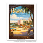 【ハワイアン アートプリント】ビーチ・海・山・植物・景色・風景Hawaii, Land of Surf & Sunshine - Waikiki Beach - The Royal Hawaiian Hotel (Pink Palace of the Pacific)（Kerne Erickson）ハワイアン インテリア・アート・絵画・アーティスト