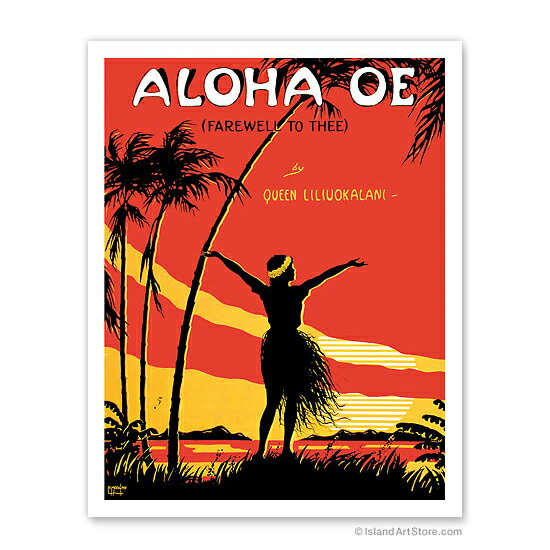 【ハワイアン アートプリント】ビーチ 海 山 植物 景色 風景Aloha OE, Farewell to Thee（アロハ オエ）Composed by Queen Liliuokalani, Sheet Music Cover, c.1930 039 sハワイアン インテリア アート 絵画 アーティスト