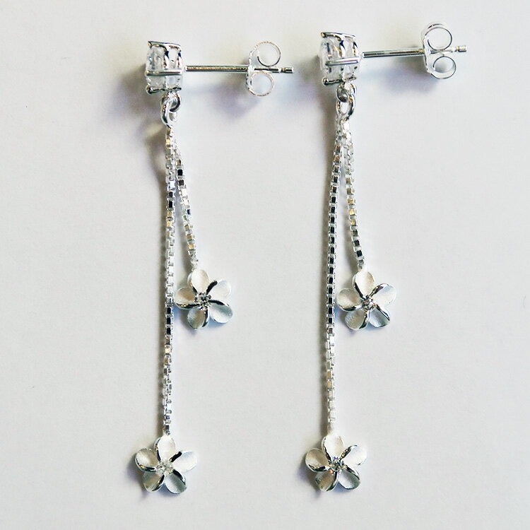 【ハワイアンジュエリー】ロングピアス <2プルメリア ボックスチェーンピアス> チェーンピアス ドロップピアス スタッドピアス シルバー製 両耳用 キャッチ レ...