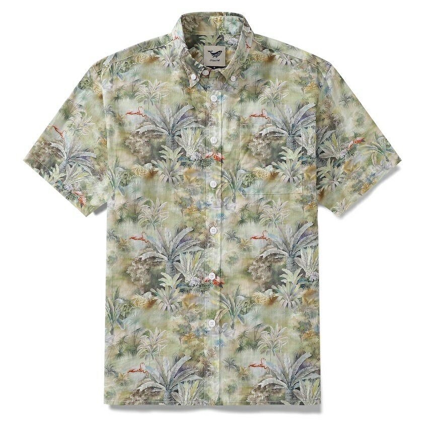 Hawaiian Shirt - アロハシャツ メンズ 大きいサイズ YIUME ユーミー UM021 グリーン フラミンゴ柄 ギフト プレゼント 人気 おしゃれ 高級 ブランド ハワイアン 結婚式 父の日 お祝 誕生日 ボタンダウン コットン100％ 送料無料