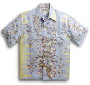 半袖アロハシャツ|MAKANA LEI(マカナレイ)|AMT051EXS|サックスブルー(水色)|和柄|さくら・桜柄|シルク(平織りジャガードシルク)100%|開襟(オープンカラー)|送料無料商品