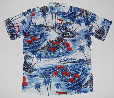 アロハシャツ/メンズ/半袖ハワイ直輸入/REYN SPOONER(レインスプーナー)青色/波/鳥居/フラワー/ハワイ島RS532/コットン55%ポリ45%/裏生地仕様ボタンダウン(プルオーバー)クールビズ!結婚式!父の日!ギフト!大きいサイズ有!【送料無料!】