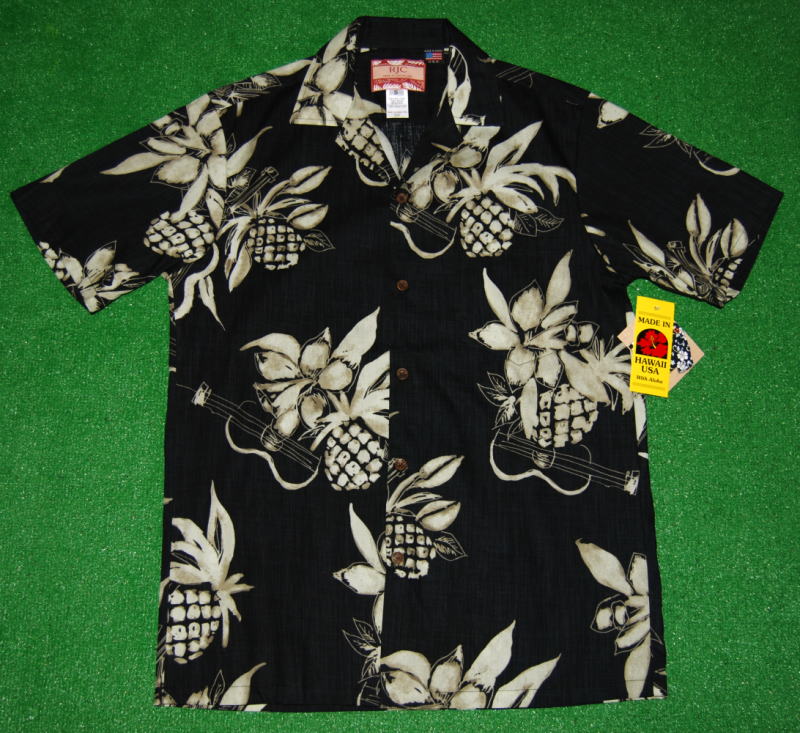 アロハシャツ RJC アールジェイシー RJC047 半袖 メンズ ブラック 黒 パイナップル ウクレレ 洋柄 大きいサイズ ブランド プレゼント おしゃれ コットン100％ 表地仕様 開襟 送料無料