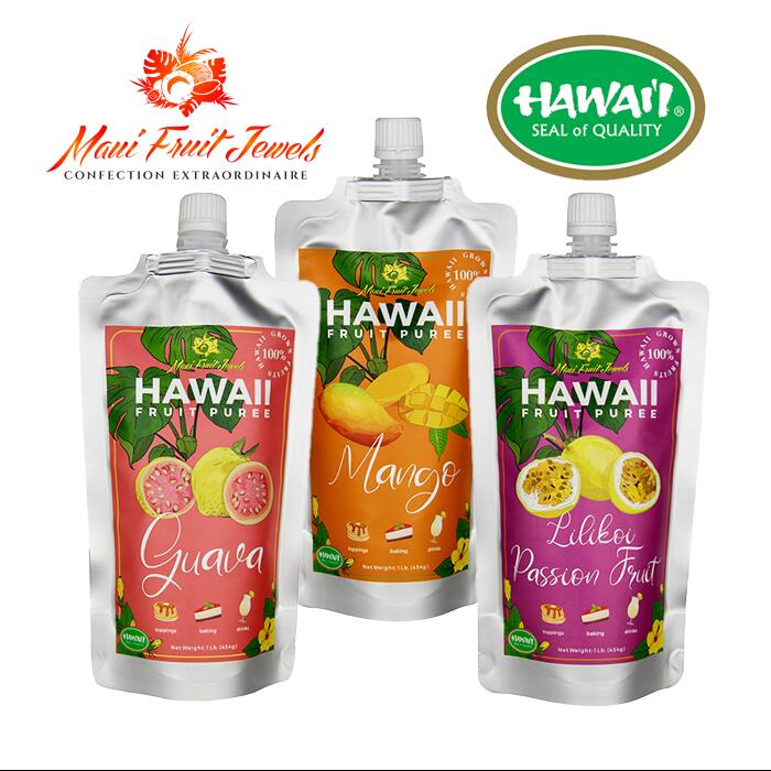 【ハワイからお届け】Maui Fruit Jewels (D) ハワイアンピューレセット (3点セット) ハワイ マウイ産 無添加 甘さ控えめ スイーツ 洋菓子 hawaii お土産（ピューレ グアバ / ピューレ パッションフルーツ（種入り） / ピューレ マンゴー）