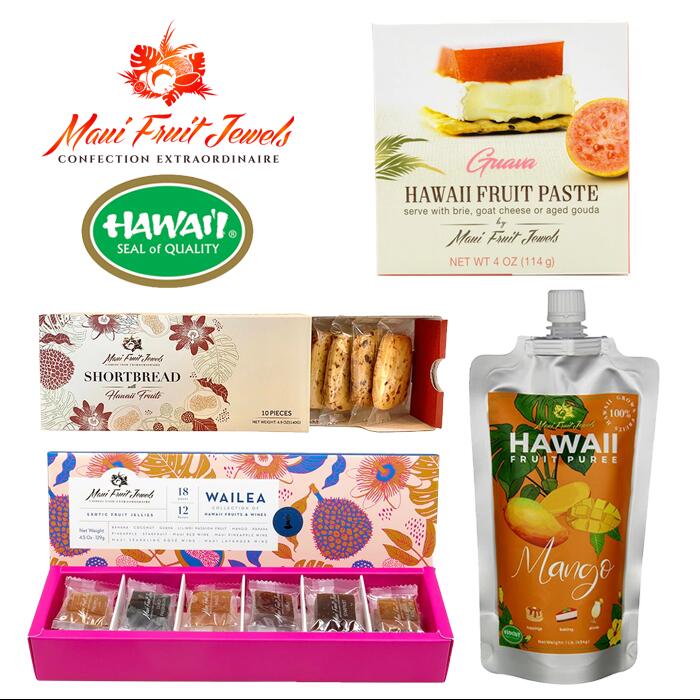 【ハワイからお届け】Maui Fruit Jewels (D) サンプラーセット (スイーツ4点セット) 無添加 ハワイアンクッキー hawaii (エキゾチックフルーツゼリー 12pc ワイレア/ ショートブレッド 10pc/ ハワイフルーツペースト グアバ / ピューレ マンゴー)