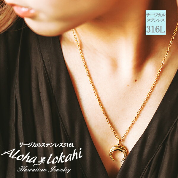 【ネコポス便 送料無料】ハワイアンジュエリー ネックレス サージカルステンレス ホーン 牛の角 ラッキーアイテム モチーフ あずきチェーン付き イエローゴールド...