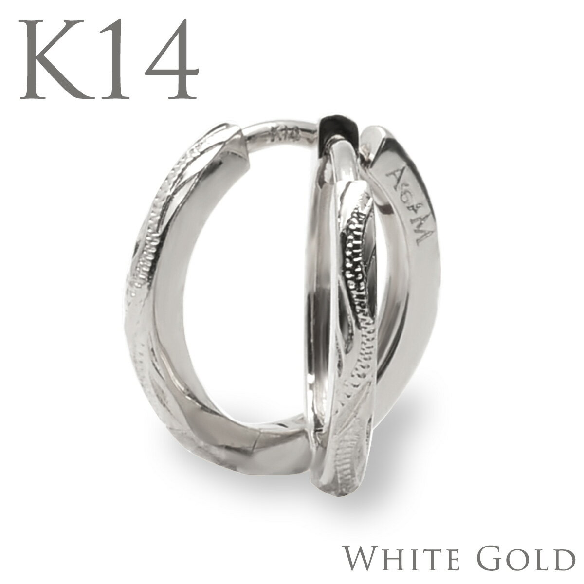 ハワイアンジュエリー ピアス K14 14金 ホワイト ゴールド フープピアス 両耳 スクロール 波 リーフ 葉 自然 中折れ 地金 ホワイトゴールド r108...