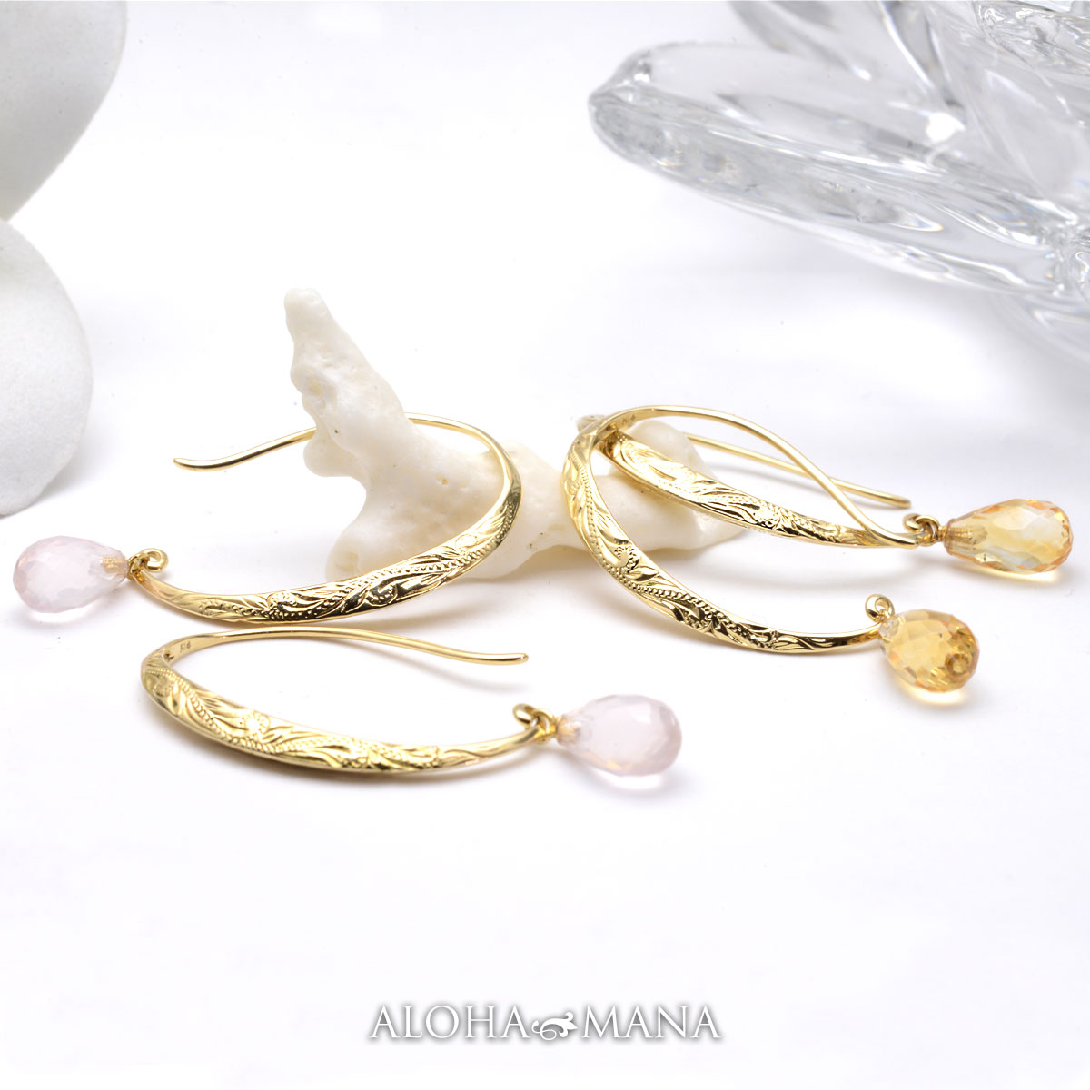 ハワイアンジュエリー ピアス K14 14金 ゴールド フックピアス 両耳 ゴールドピアス 地金ピアス スクロール ドロップカット ローズクォーツ シトリン a...