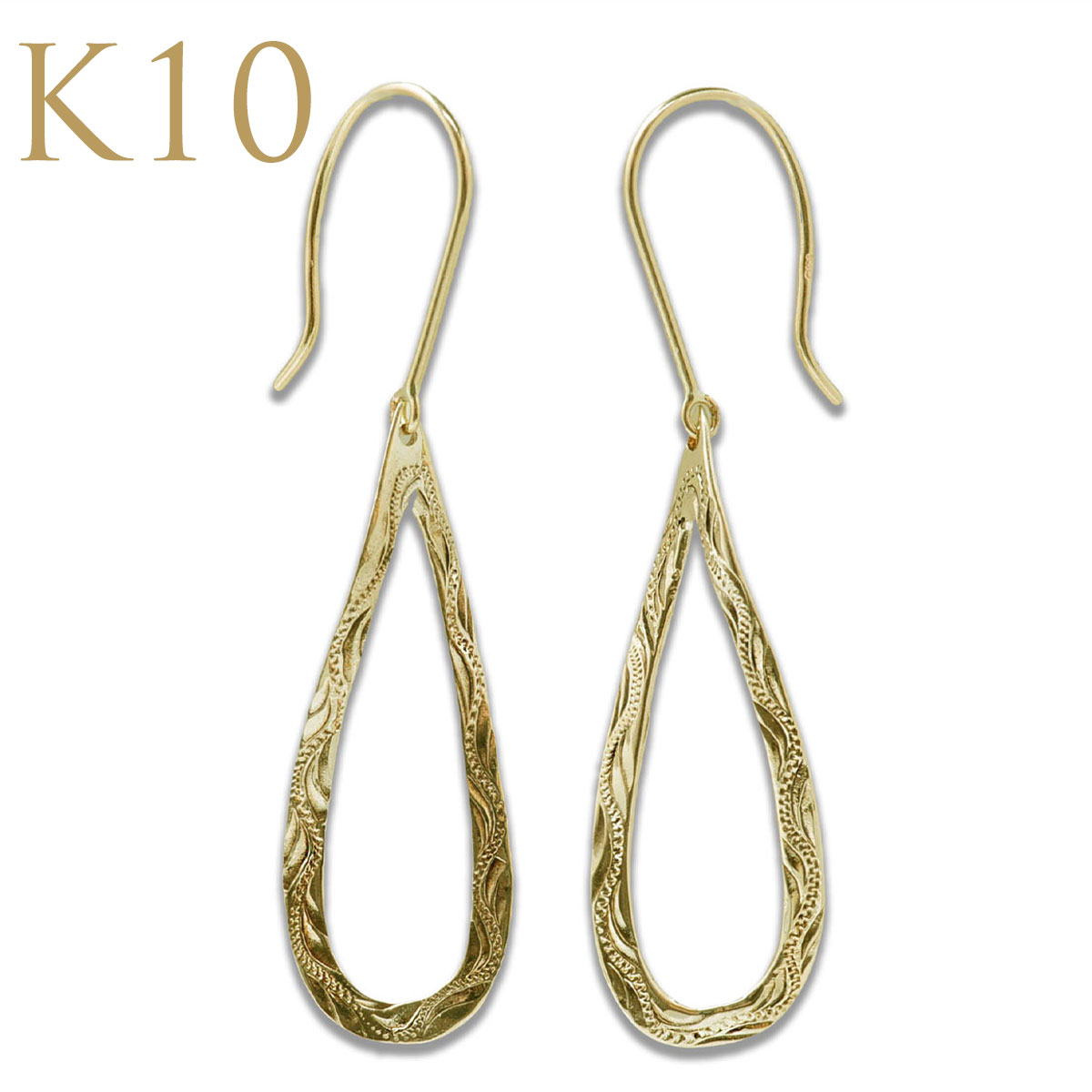 ハワイアンジュエリー K10 10金 ゴールド 揺れる フック ピアス 両耳用 ゴールドピアス 地金ピアス レディース ツイストドロップ スクロール ape15...