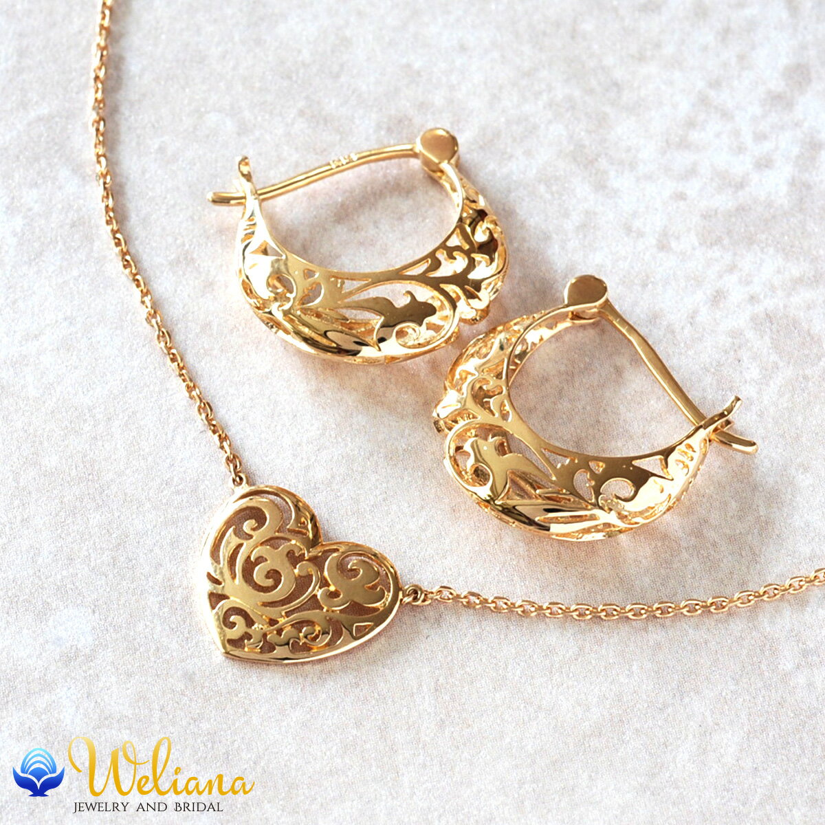 ハワイアンジュエリー ネックレス (Weliana)イエローゴールド (K18 k18 18金) ハートのレリーフペンダント ネックレスとピアスのコーディネート...