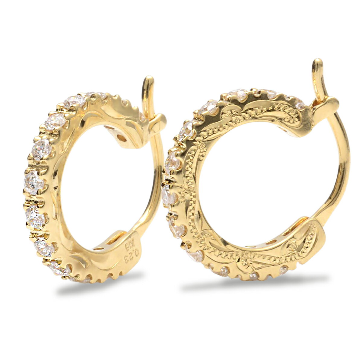 ハワイアンジュエリー ピアス K18ゴールド ダイヤモンド 0.46ct フープ ピアス 18金 ダブルサイド エングレーブド alolua 両耳用 Welia...
