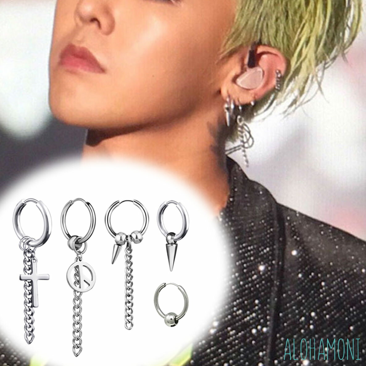 BIGBANG G-DRAGON ジードラゴン 着用タイプ フープピアス 5個セット チェーン クロス スパイク ピース ボール デザイ…