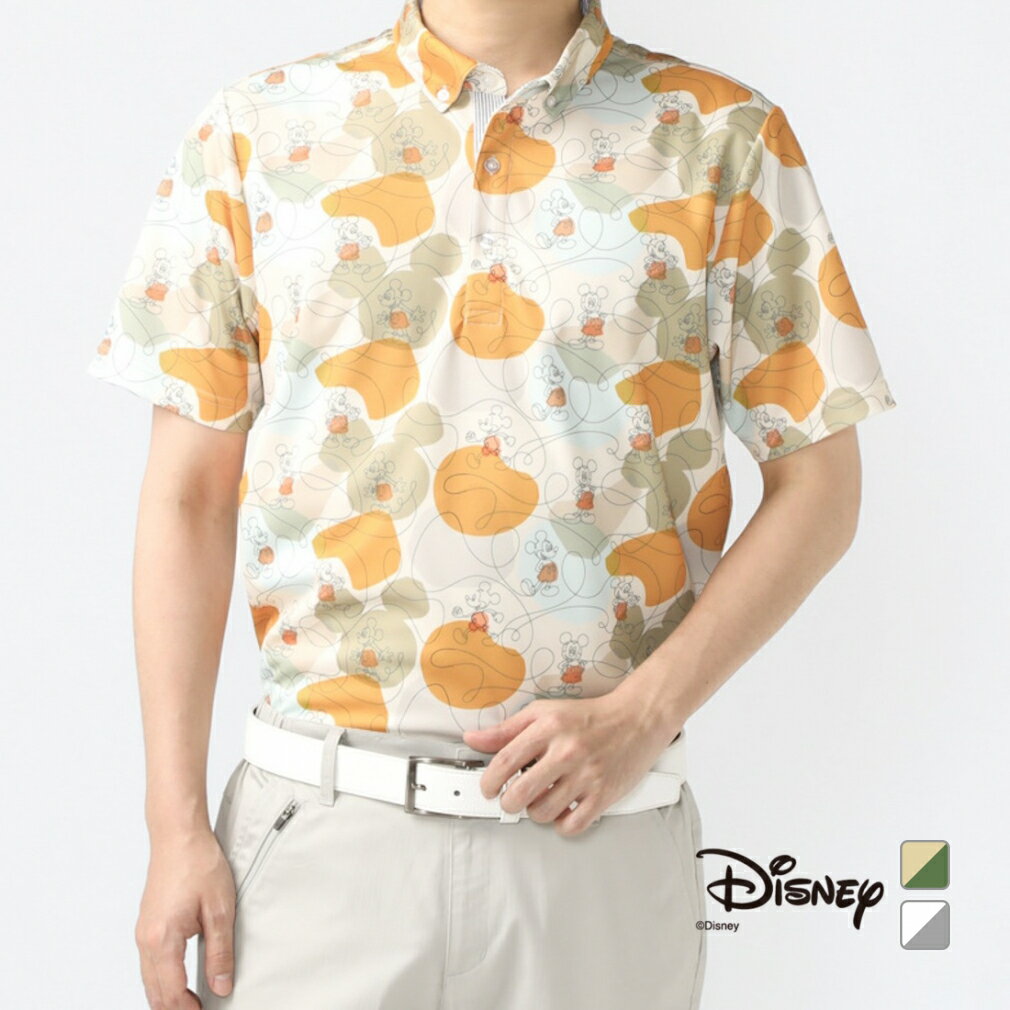 最大10％OFFクーポン 【11/16】 ディズニー ゴルフウェア 半袖シャツ 春 夏 プリント ボタンダウン半袖シャツ アイクール (DN-1H1004B-C) メンズ Disney