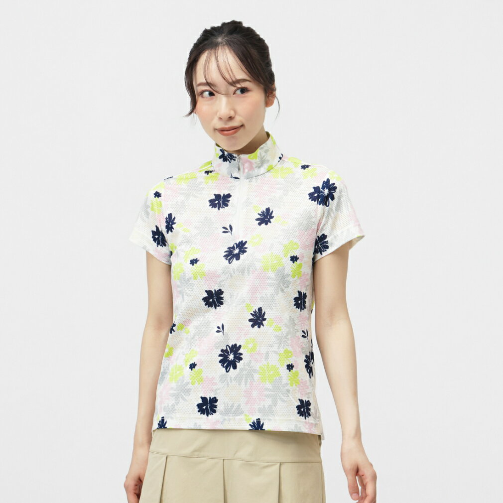 11/15限定★抽選で最大100％Pバック ティゴラ レディース ゴルフウェア 半袖シャツ 秋 冬 通気UVカットメッシュ総柄ハーフZIPシャツ (TR-1H2545Z) TIGORA