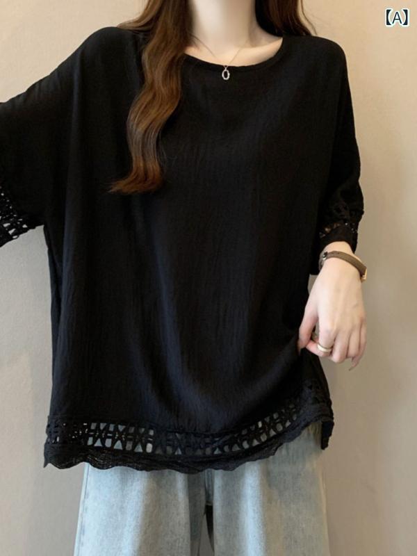 トップス レディース 大きいサイズ カットソー 半袖 Tシャツ レース 透かし彫り 体型カバー 着痩せ お腹周り ゆったり ビッグシルエット 接触冷感 再生繊維 伸縮性 通気性 肌触りいい 柔らかい 快適 上品 フェミニン カジュアル 通勤 普段使い お alpha-h1-10227748 ヘルスケアアルファ楽天市場店 サンプル画像2
