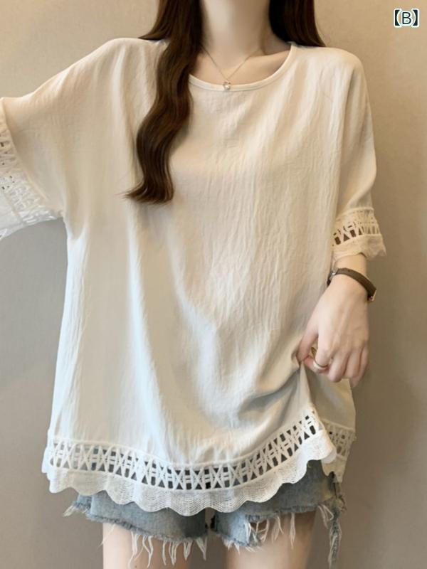 トップス レディース 大きいサイズ カットソー 半袖 Tシャツ レース 透かし彫り 体型カバー 着痩せ お腹周り ゆったり ビッグシルエット 接触冷感 再生繊維 伸縮性 通気性 肌触りいい 柔らかい 快適 上品 フェミニン カジュアル 通勤 普段使い お alpha-h1-10227748 ヘルスケアアルファ楽天市場店 サンプル画像3