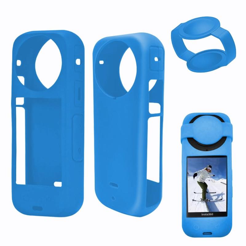 YCJDP シリコンカバー for Insta360 X4 用のレンズカバー＋レンズキャップ 防水防塵 軽量 充電可能 耐衝撃性 無臭で ソフト アクションカメラ本体 保護カバー パノラマカメラ保護ケース（ブルー