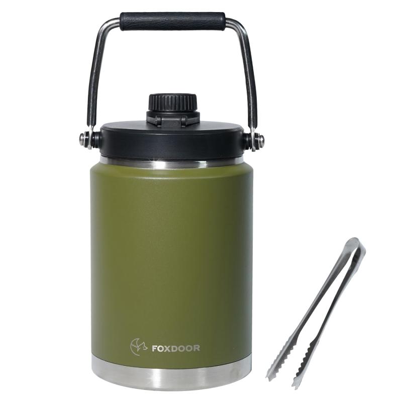 FOXDOOR アイスジャグ 氷を溶かさない アイスコンテナ 保冷 ＆ 保温 ボトル 大容量 大型 1.9L 3.8L カーキ 保冷ボトル 氷 魔法瓶 お湯 ポット 真空 ステンレス キャンプ アウトドア アイストング