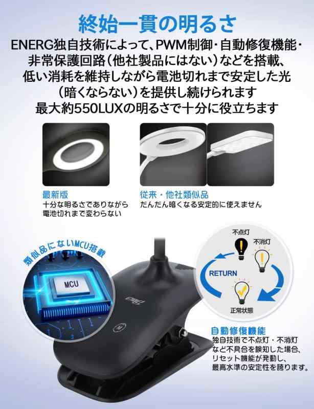 ENERG クリップライト コードレス LEDブックライト デスクスタンド PSE認証済み 大容量3200mAh 2025年進化モデル TYPE C充電式 360度回転 タッチ式三段階調光 USB充電 電気スタンド Web会議面接 PC作業