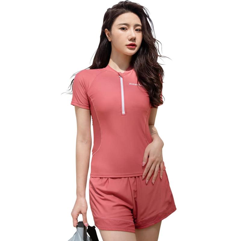 [Teddy] フィットネス水着 レディース 体型カバー半袖ラッシュガード 短パン スイムキャップ 3点セット hys2911