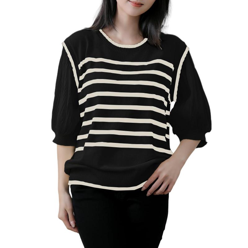 [7-livehouse] サマーニット レディース 半袖 ニット 切り替え tシャツ カットソー トップス 丸首 薄手 プルオーバー 上品 おしゃれ ボーダー 細見え パフスリーブ ゆったり 体型カバー 可愛い