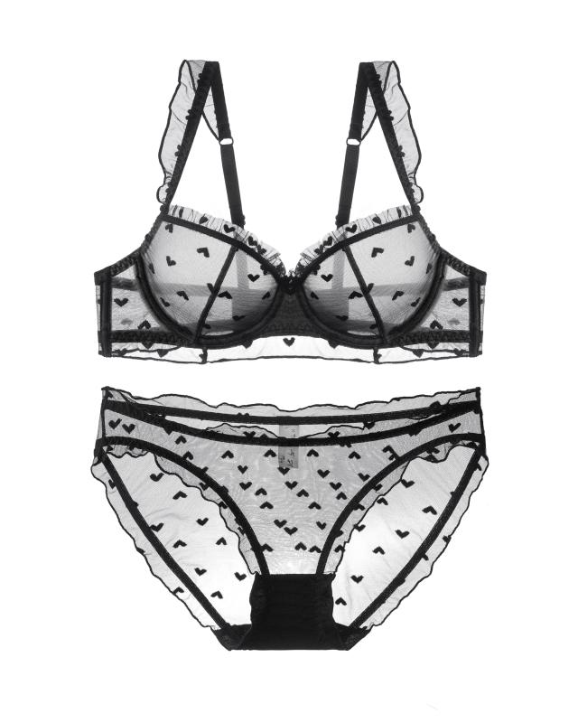 [Guoeappa] レースハート刺繍ソフトワイヤー ランジェリー下着セット 可愛いブラジャーパンティセット