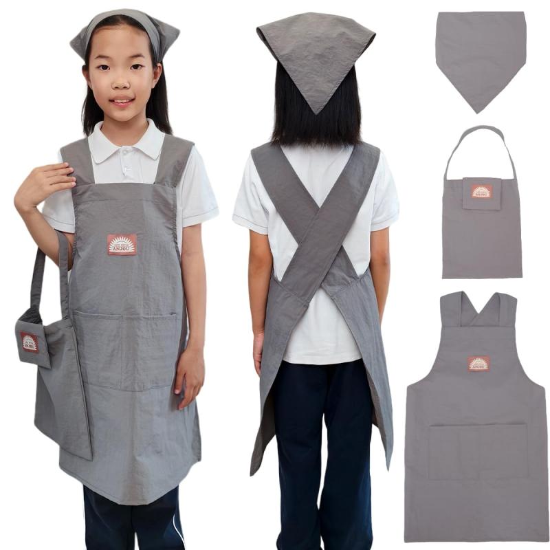 [ANJOU] 【給食用3点セット】子供エプロン 三角巾 巾着袋 小学生用 男女兼用 撥水加工 シワになりにく..