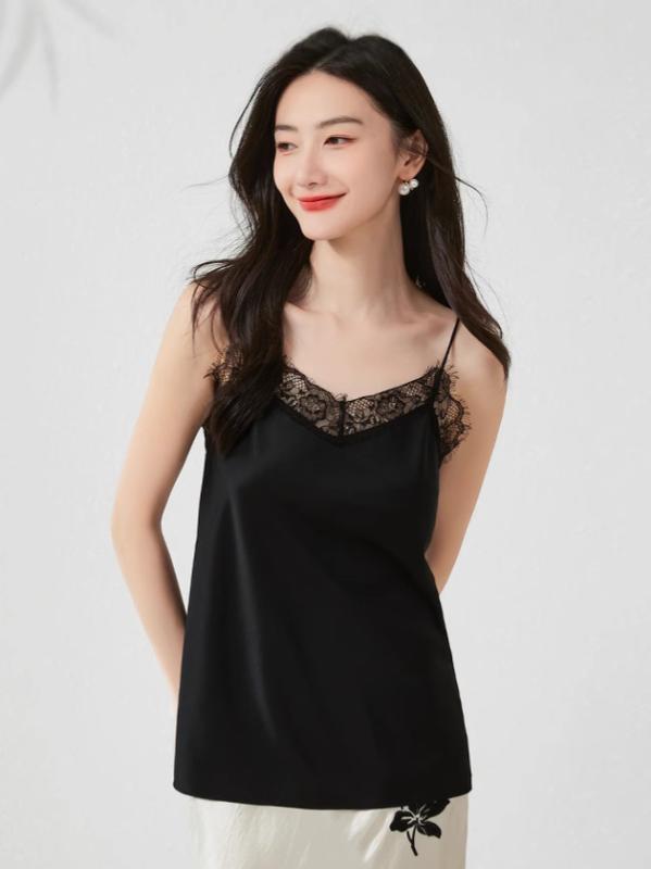 Rakuten - レディース キャミソール 絹 レース ストラップ サテン 美背 セクシー スリム フィット 春夏 インナー トップス 軽量 吸湿速乾