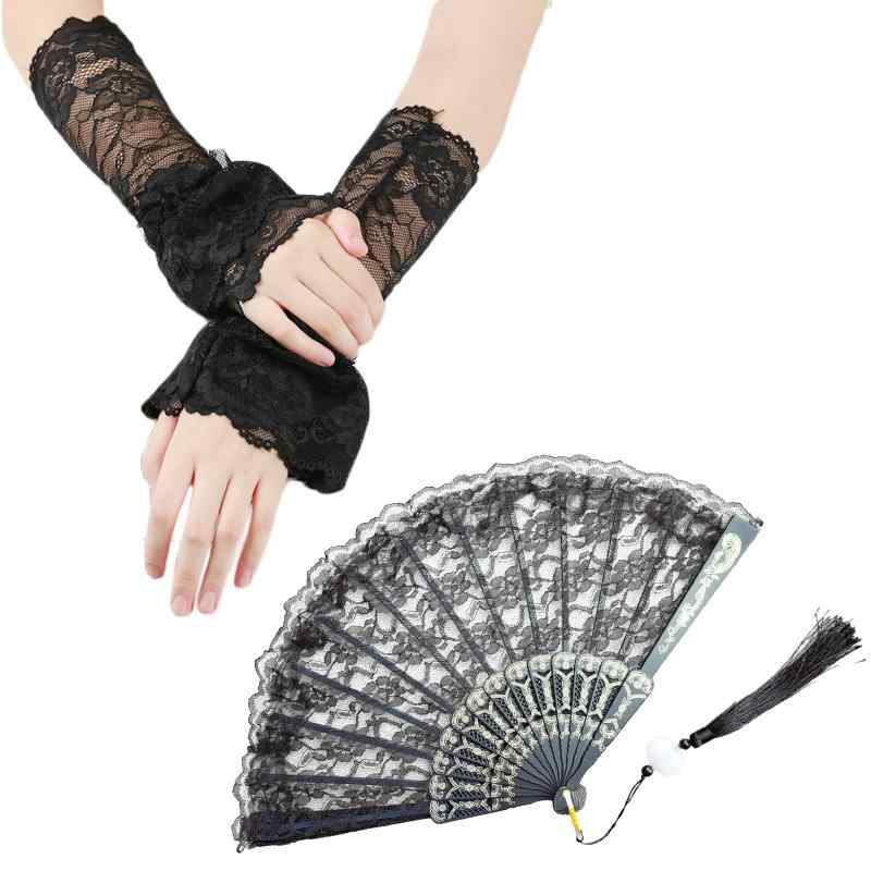 [§Bg3] レース 手袋 黒 白 指なし フリル 成人式 卒業式 お正月 浴衣（扇子付フリル）