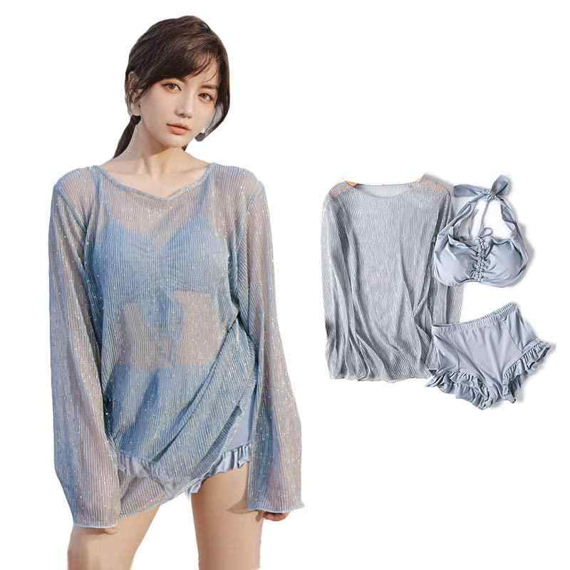 WJ-SISI 体型カバー水着 レディース ビキニ Vネック UVカット ショートパンツ 3点セット オトナ女子 大人 ママ かわいい フリル お尻 盛れる おしゃれ ブルー ブラック 露出控えめ SISI113