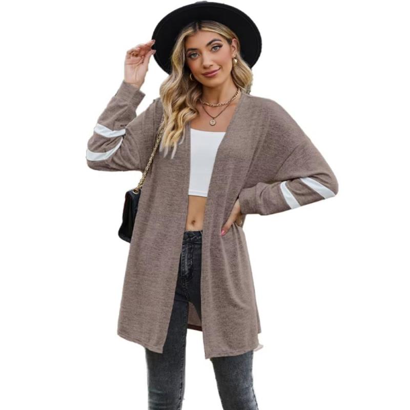 [Uroi] ロングカーディガン レディース 薄手 トップス アウター 長袖 フリーサイズ ボーダー ミドル丈 カットソー 秋冬 大きいサイズ