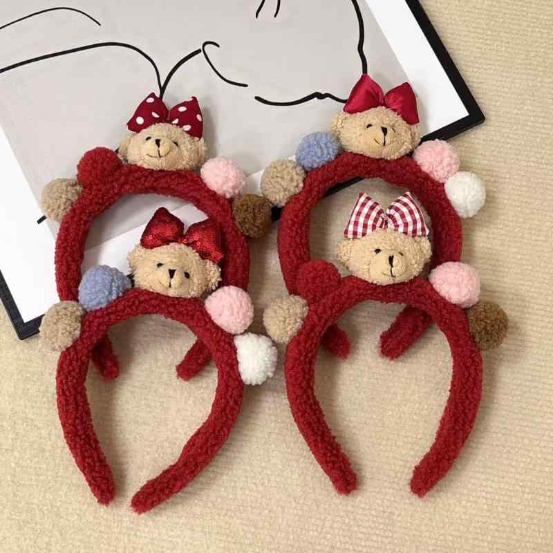レディース ヘアバンド かわいい 小熊 デザイン 蝶結び リボン 赤 チェック柄 洗顔用 スキンケア アクセサリー ヘアアクセ