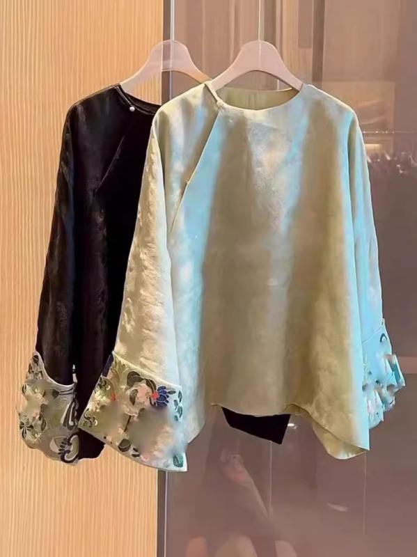 シャツ 女性用 国刺繍 グリーン トップス 春 軽量 綿素材 春夏 かわいい 刺繍 緑色 普段使い 春物 フェミニン ナチュラル スタイリッシュ 緑系 カジュアル