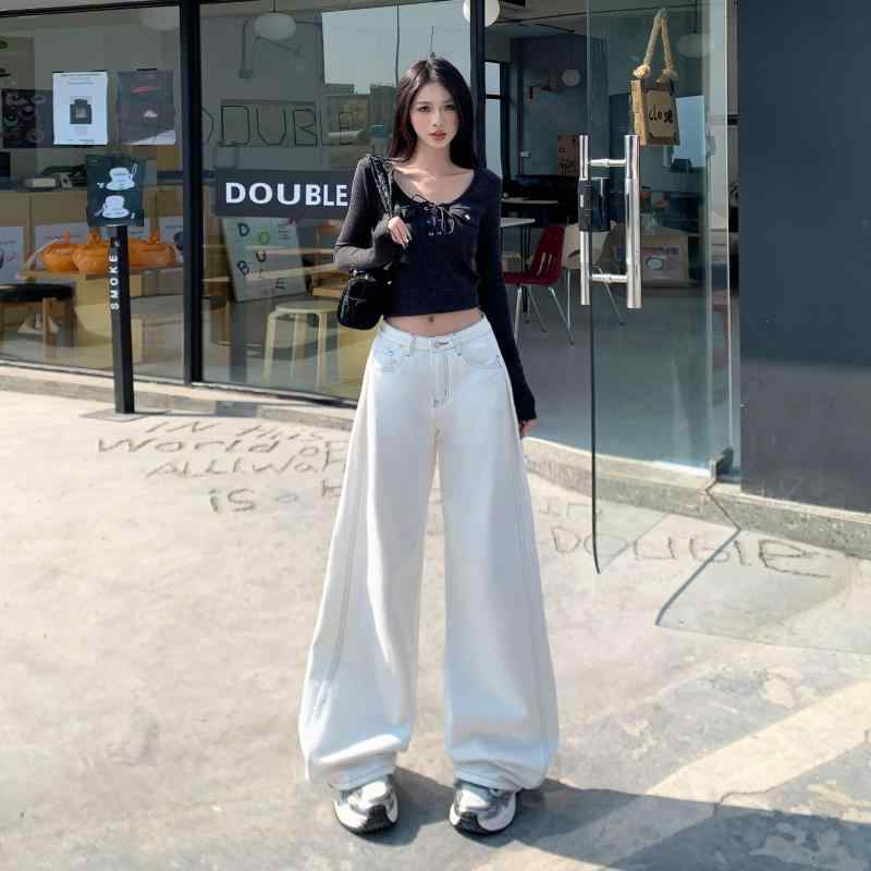 Cropped Pants - ワイドパンツ レディース 春夏 牛仔 デニムパンツ 高腰 ストレート ゆったり 落ち感 軽量 伸縮性 吸湿速乾 シンプル 普段使い 通勤 カジュアル ホワイト