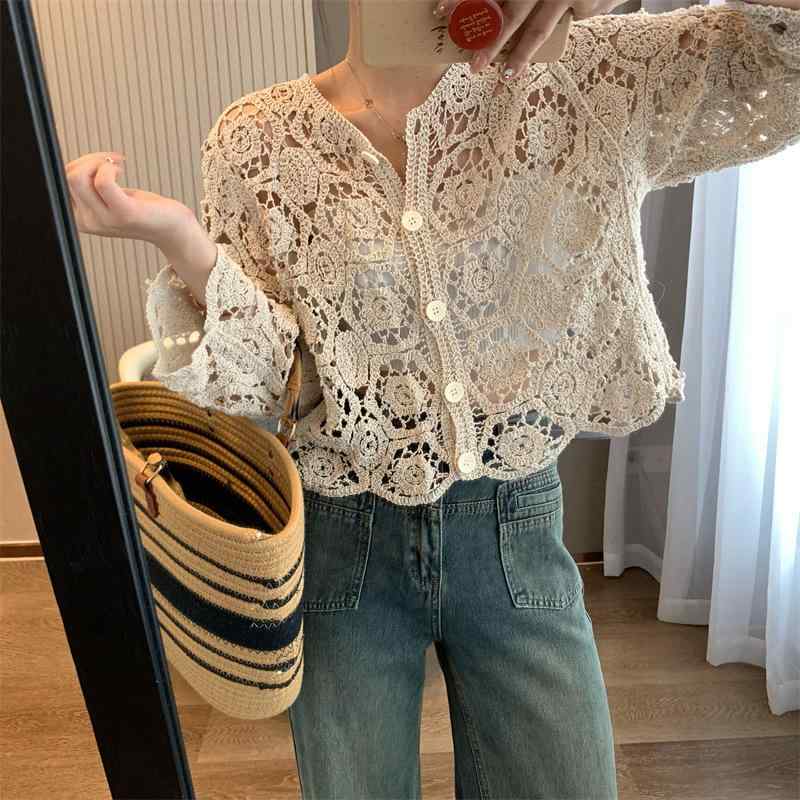 Long-Sleeved Knit - ニット カーディガン 長袖 韓国 ヘビーウェイト レース 刺繍 オープン 秋 軽量 伸縮性 コットン 混 切り替え ビッグシルエット ブラック グレー ベージュ 普段使い 通勤用 レイヤード トップス カジュアル