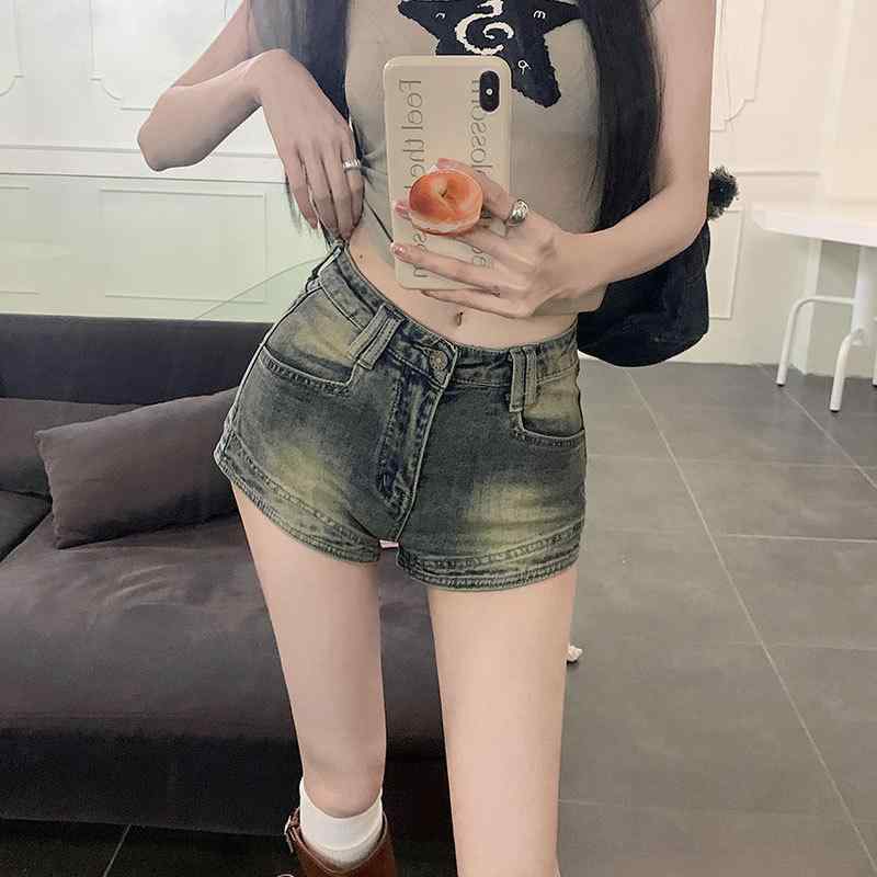 デニムショーツ レディース 夏 春夏 薄手 高腰 タイト スリムフィット ビンテージ加工 Aライン ホットパンツ カジュアル ストリートスタイル コットン素材 軽量 伸縮性 デイリーウェア 普段使い ハイウエスト ショートパンツ 女性用 デニム ビッグシ
