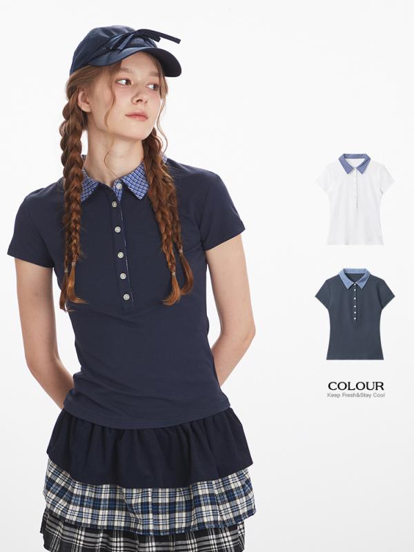 HeyHenry 右肩 ヘンリー カラー 半袖 ポロシャツトップスレディース 2025 夏の コントラストカラースリムショート Tシャツ