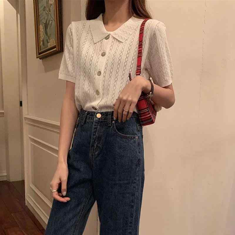 Polo Shirt - Tシャツ トップス ポロシャツ 女性用 短袖 フィット 夏用 接触冷感 薄手 ニット素材 レース 切り替え フレンチスタイル 軽量 吸湿速乾 通勤 普段使い カジュアル