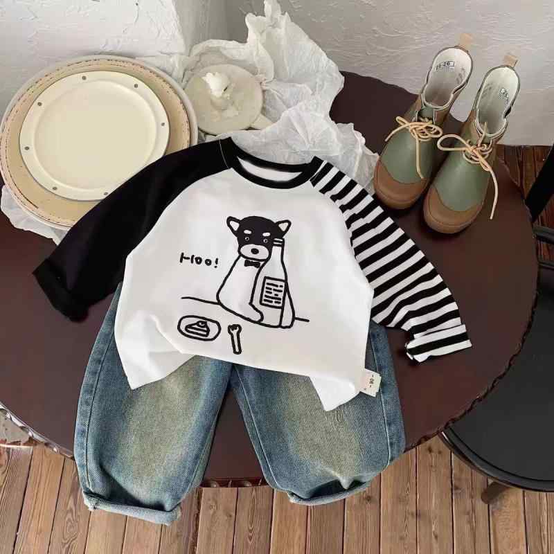 Tシャツ キッズ 子供 男女兼用 長袖 カットソー 綿100％ ボーダー柄 配色 切り替え トップス 男の子 女の子 ベビー服 インナーウェア クルーネック プルオーバー カジュアル ゆったり 体型カバー 着痩せ 伸縮性 吸湿速乾 肌に優しい 通気性 柔