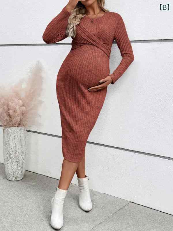 妊婦ワンピース 長袖 ツイスト結び 修身シルエット 上品 デザイン エレガント マタ...