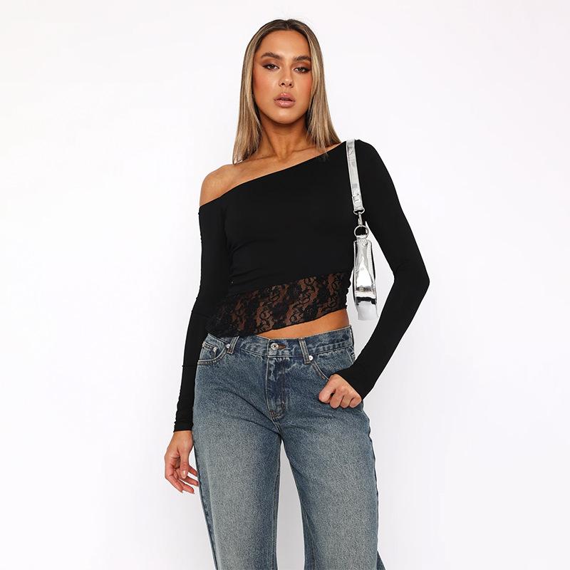 Rakuten - レディース 春 セクシー オフショルダー 長袖 レース 切り替え クロップド Tシャツ トップス カジュアル 普段使い 軽量 伸縮性