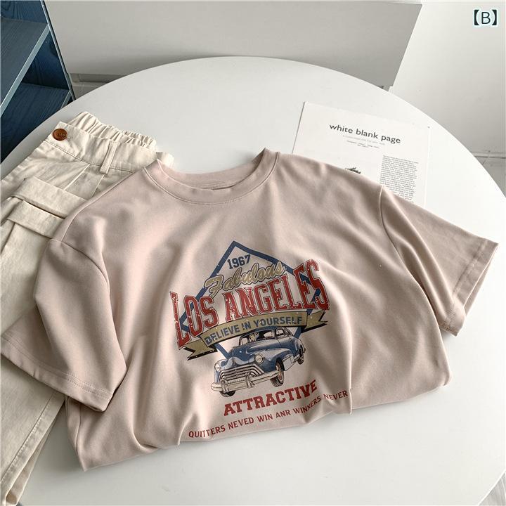 レディース 短袖 Tシャツ アメリカン レトロ アルファベット カー プリント 夏 単色 ゆったり スリム効果 スタイリッシュ カジュアル トップス シャツ 3