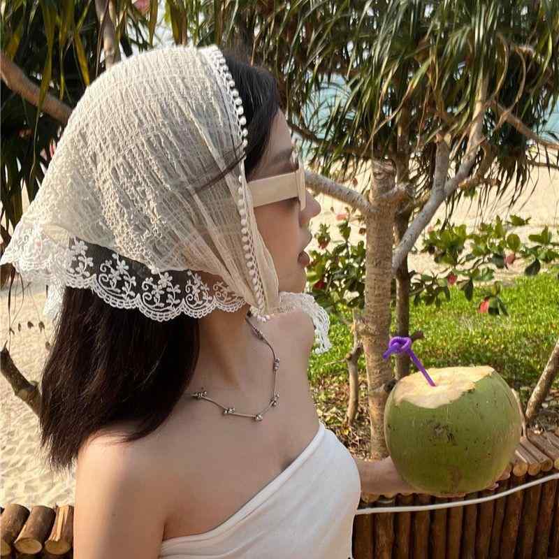 Rakuten - レディース レース ヘッドスカーフ 夏用 UVカット 薄手 通気性 マルチウェイ ファッション ストール ヘアバンド スカーフ ネックカバー 日よけ アクセサリー 軽量 吸湿速乾 ピンク系 アイボリー