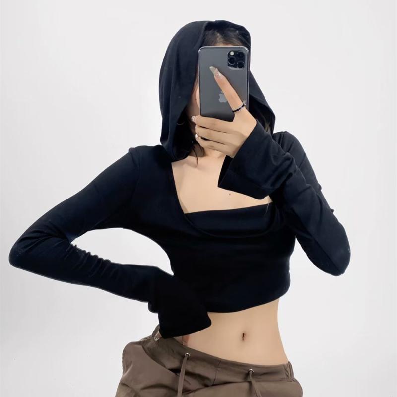 トップス レディース 長袖 Tシャツ フード付き ドレープネック ショート丈 ハイウエスト ダンスウェア スポーティー カジュアル 秋物 重ね着 ゆったり 体型カバー 着痩せ お腹見せ 肌見せ ショートトップス クロップド丈 プルオーバー オフショルダ