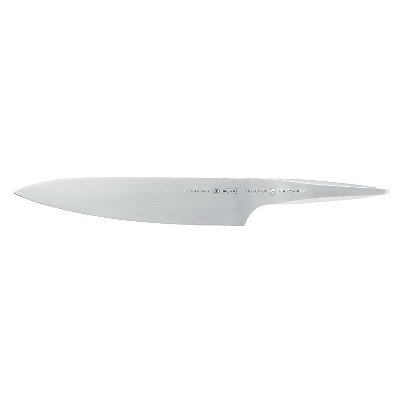 サイズ 約25.5cm 製造 台湾 素材 ターボ鋼（ドイツ・ThyssenKrupp社製） EUのREACH、またはEUROFER（欧州鉄鋼業連盟）に準じている材質を使用 刃：SUS301 柄：18-10ステンレス 【注意事項】：・当店でご購入された商品は、原則として、「個人輸入」としての取り扱いになり、ロサンゼルスからお客様のもとへ直送されます。 ・通関時に関税・輸入消費税が課税される可能性がありますが、当店の販売金額には関税・輸入消費税が含まれております。 ・課税額はご注文時には確定しておらず、通関時に確定しますが、別途お支払いが発生することはございません。詳細はこちら ご確認下さい。 ・個人輸入される商品は、全てご注文者自身の「個人使用・個人消費（日本に居住する者に寄贈される物で、当該寄贈を受ける者の個人的な使用に供される場合を含みます。）」が前提となります。 第三者への譲渡・転売が法令で禁止されるもの（医薬品、医薬部外品、化粧品等を含みますが、これに限られません。）もございますのでご注意下さい。 ・一部商品は国内の提携先倉庫から配送されます。 ・国内配送の商品は国内でのお買い物と同じく消費税が発生いたします。関税はかかりません。 ＊色がある場合、モニターの発色の具合によって実際のものと色が異なる場合がある。クロマ F.A.ポルシェ 25cm シェフナイフ Chroma 10 Inch Type 301 Chef Knife P01【日本正規代理店】 CHROMA 3つの魅力 1. 世界的デザイナー F・A・ポルシェが4年かけてデザイン CHROMAのデザイナーは、F・A・ポルシェ氏。ポルシェ911などドイツの名車を数々デザインしたことでも有名なデザイナーで、F・A・ポルシェ氏が4年の歳月をかけてデザインした見た目も美しいナイフです。刃先からハンドルにかけての美しい形状は、他のナイフにはないデザインに仕上がっています。置いているだけで、キッチンが上質な空間に。 2. 人間工学に基づいた長時間握っていられるハンドル ※S-04ターボ使用 F・A・ポルシェ氏がこだわり抜いたのは、見た目だけでなくハンドルの持ちやすさ。むしろ、4年の歳月のなかで最もこだわった部分がこのハンドル部分です。人間工学に基づいてデザインされた特殊なハンドルは、見た目からも特徴的。この特殊な形状により使用者の手の負担を軽減し、長時間握っていられる握り心地を実現しました。毎日ナイフを握るミシュランの料理人たちの多くが、クロマのナイフを使用している大きな理由は、このハンドルの素晴らしさをよく知っているからなのです。 使いやすさの秘密はズッシリとした重量感 ※S-04ターボ使用 実際にCHROMA を握ってみると、ズッシリとした重量感に驚くはずです。重たいナイフ＝使いにくい。というイメージを抱いてしまいがちですが、CHROMA に関してはその逆。ナイフの重量感を活かすことで、食材を上から下へストンと気持ち良く切り落とすことができます。握りやすいハンドルがナイフの重たさを軽減してくれるので、力のない女性でも十分使いこなせます。調理して柔らかくなったお肉や、野菜のみじん切りなど、料理が苦手な方でも気持ち良く調理できてしまうナイフです。 職人気質故に品質重視な老舗メーカー「Chroma（クロマ）」 CHROMA を手掛けている、ドイツの老舗ナイフメーカー「Chroma（クロマ）」。クロマの魅力は、日本の職人に似た職人気質な物づくりにあります。クロマのナイフの魅力をメーカー側に聞くとまず返ってくる最初の一言が、「弊社のナイフを一度使ってもらってください。そうすれば、そんなに質問は出ないと思います。」この一言に自分たちのナイフへの自信とこだわりがにじみ出ていますね。 品質確認工程にも重点を置いていることもクロマのこだわりです。2チーム（工場内＆外部）に分けて確認工程を設置することで、全ての製品で高い品質を保つことができます。 私たちが紹介しなければ、インターネット上でのクロマの情報はごくわずかです。その理由をメーカー側に問うた際の答えは「インターネット上で情報開示をするより、より良いナイフを開発することに時間を費やしたい。」という回答。まさに職人気質で、物づくりへの意欲とプライドに溢れた答えであり、クロマの魅力が詰まった理念です クロマのナイフを愛用する世界の有名シェフたち 今現在も世界中のシェフがクロマのナイフを使用しています。ドイツ国内では三ツ星シェフ11人中10人がクロマのナイフを使っているほど。 さらに、フランス・リヨンで2年に1度開催される世界有数の料理コンクール「ボキューズ・ドール」。 2005年優勝者・ Serge Vieira 2007年優勝者・Fabrice Desvignes 2013年優勝者・Thibaut Ruggeri 世界中の有名シェフたちがクロマのナイフを愛用し、クロマのナイフの素晴らしさを日々実感してくれています。 長く愛用するためのお手入れ方法 ※S-04ターボ使用 CHROMA は砥石を使用して定期的にナイフを研ぐことで、長年鋭い切れ味を持続してくれます。オリジナルのCHROMA砥石を利用すれば誰でも簡単に研ぎ直しができ、ご家庭での使用でも長年愛用できます。 刃を傷めてしまうので、研ぎ棒の使用はご遠慮ください。また、冷凍食品や硬い骨の切断は刃を傷つける原因となるので、使用しないでください。食器洗い機の使用も不可です。丁寧に手洗いしてから、柔らかい布で拭きとり乾かしてください。 包丁の研ぎ直しを承っております。　※特殊刃（パン切り包丁）を除く