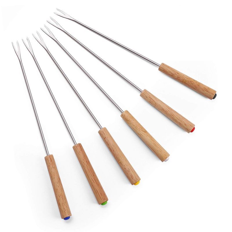 XeX tHftH[N 6{Zbg ؐnh `R[gt@Ee `[YtHf Set of 6 Stainless Steel Fondue Forks Wood Handle Heat Resistant 9.5